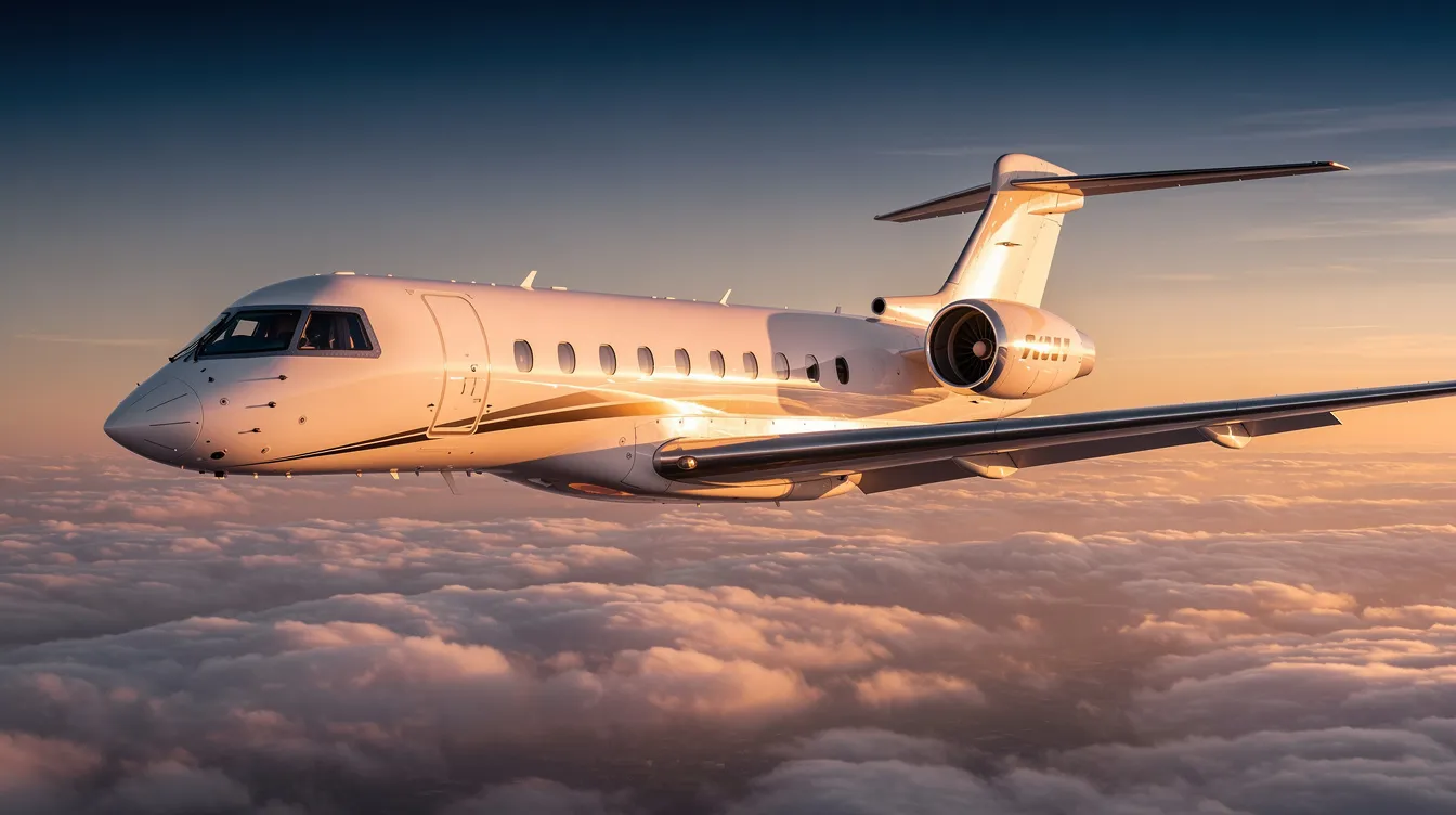 The image showcases a luxurious private jet interior, featuring spacious seating and polished wood veneers that enhance the cabin design. With advanced entertainment systems and ample space for passengers, this modern private jet offers an unmatched in-flight experience, unlike commercial aircraft.