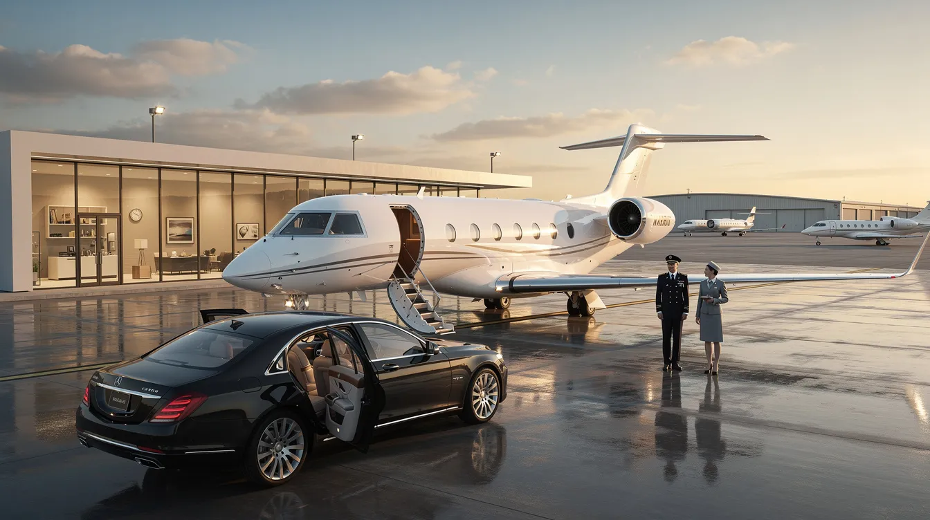 The image showcases the luxurious interior of a modern private jet, featuring spacious seating and advanced entertainment systems designed for maximum comfort during long flights. With polished wood veneers and mood lighting, this private aviation cabin layout emphasizes a refined in-flight experience, unlike commercial aircraft.