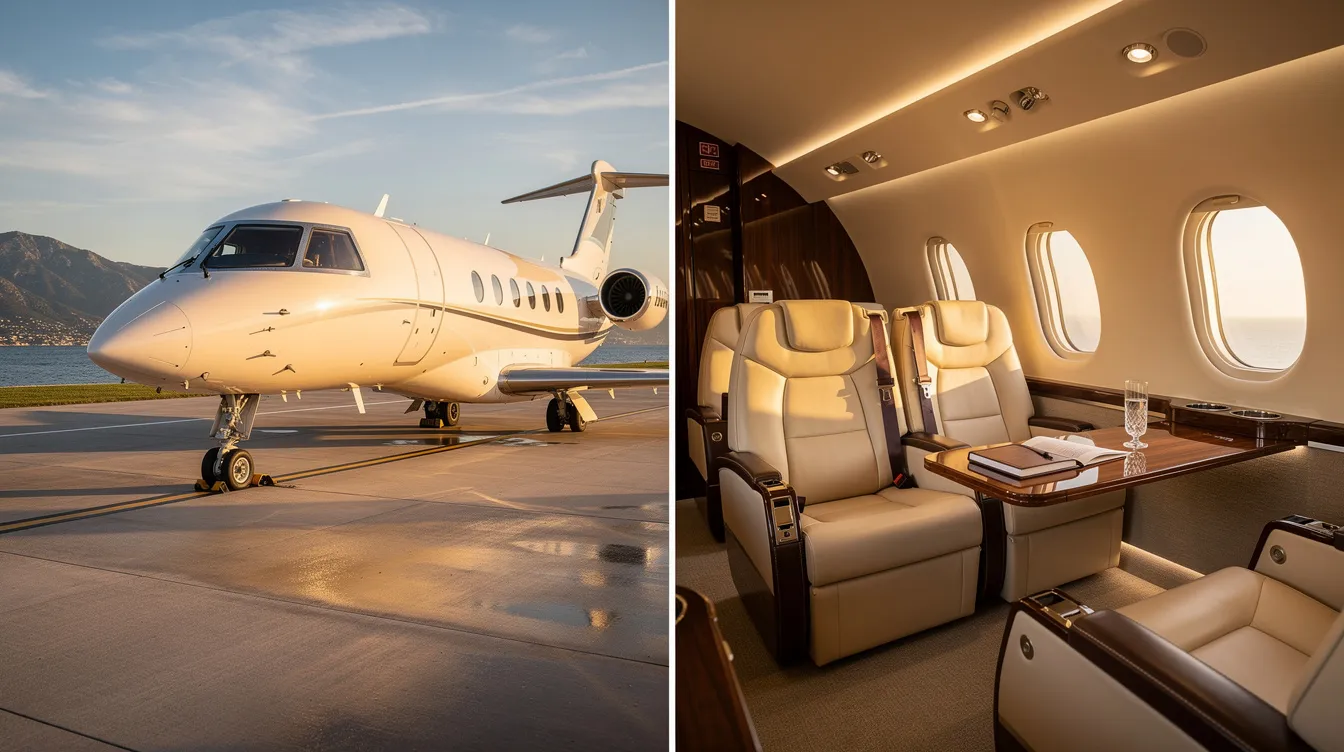 The image depicts a luxurious private jet parked at a private terminal, showcasing the convenience and comfort of private air travel. This sleek aircraft represents the ultimate in travel, allowing passengers to embark on their journey with ease and enjoy a more personalized flying experience.