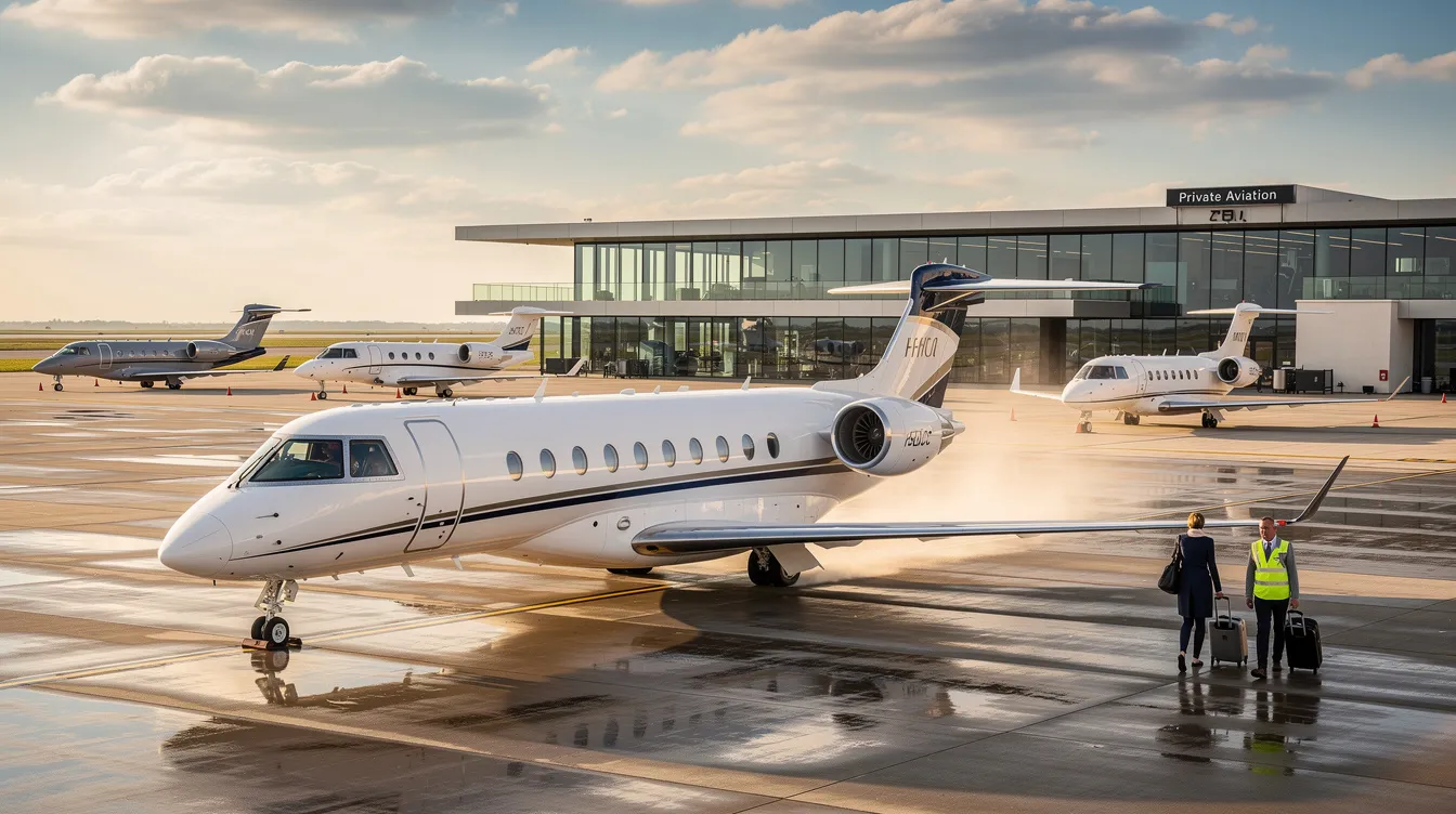 The image depicts a luxurious private jet parked at a private terminal, ready for takeoff, with a flight crew preparing for passengers to board. This scene highlights the convenience and comfort of private jet travel, showcasing the advantages of flying private over commercial flights.
