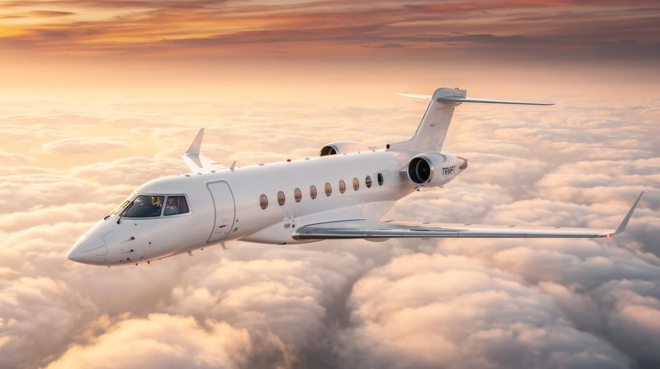 The image depicts a luxurious private jet parked at a private terminal, showcasing the convenience and comfort of private air travel. This sleek aircraft represents the ultimate in travel, allowing passengers to embark on their journey with ease and enjoy a more personalized flying experience.