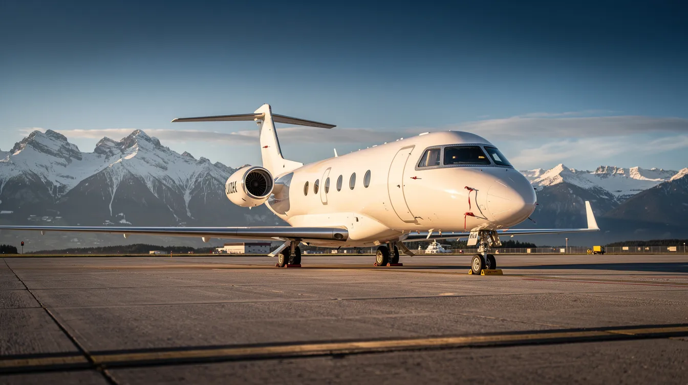 A private jet is parked on the tarmac, with stunning snow-capped mountains in the background, showcasing the beauty of British Columbia. This image captures the essence of private aviation, perfect for those looking to charter a flight to Vancouver or enjoy unmatched comfort while flying private.