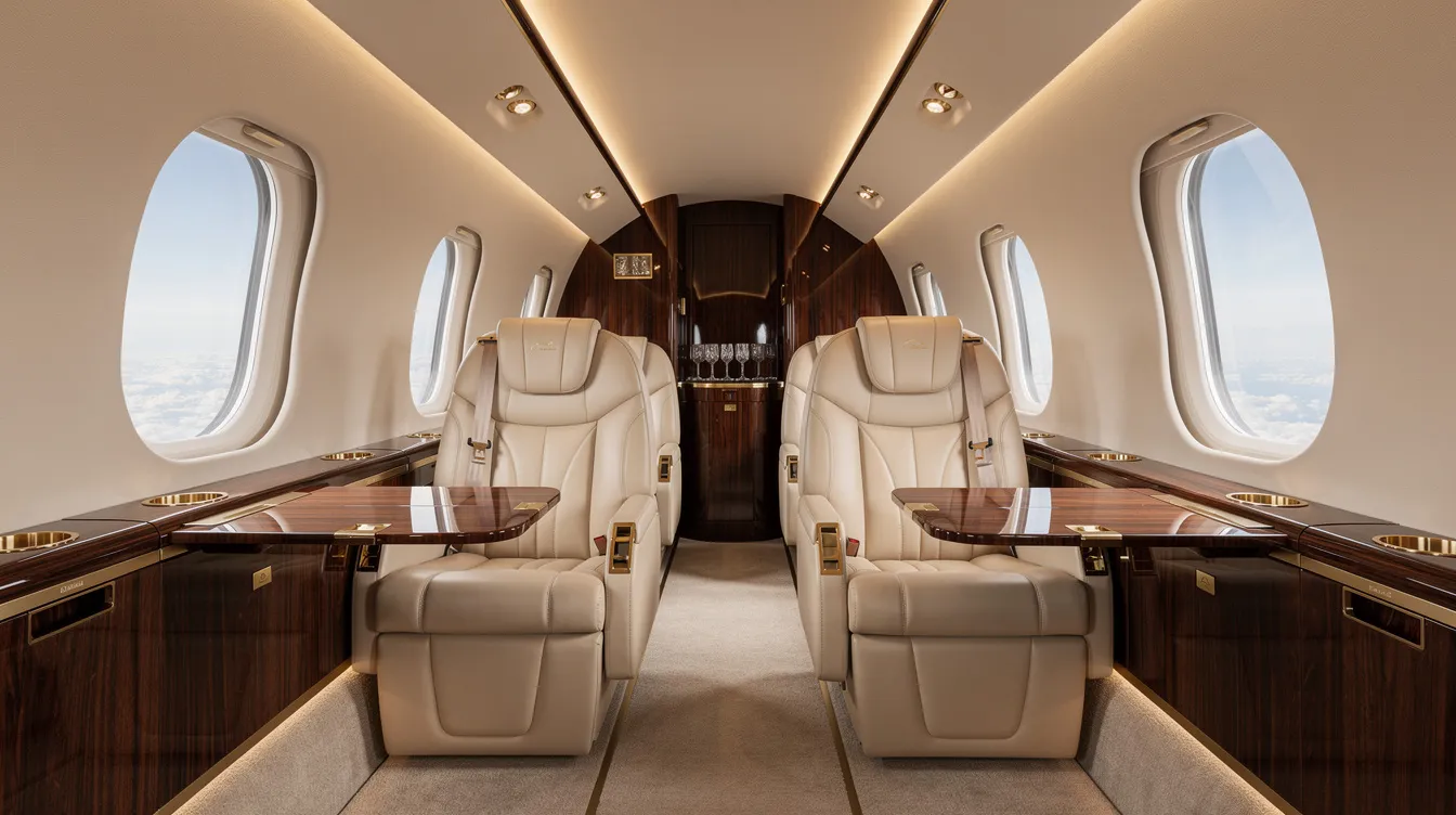 The image depicts a luxurious private jet cabin interior, featuring plush leather seats and elegant wood accents, designed for unmatched comfort during travel. This opulent space is ideal for those seeking a private flight experience, whether for business or leisure, in destinations like Vancouver, British Columbia.