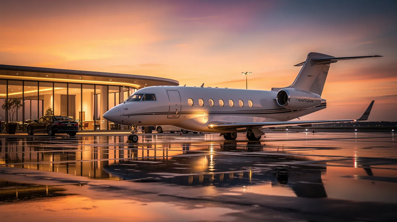 A luxury private jet sits on the tarmac at a private terminal, bathed in the warm glow of sunset, symbolizing the ultimate in private aviation and exclusive access for discerning travelers. This scene captures the essence of private jet travel, where clients enjoy unmatched convenience and a tailored approach to their journey.