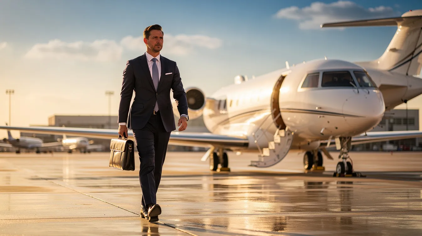 A business executive confidently walks toward a private jet on a sunlit tarmac, embodying the luxury travel experience offered by private jet concierge services. This moment highlights the unmatched convenience and exclusive access that private aviation provides to discerning travelers.
