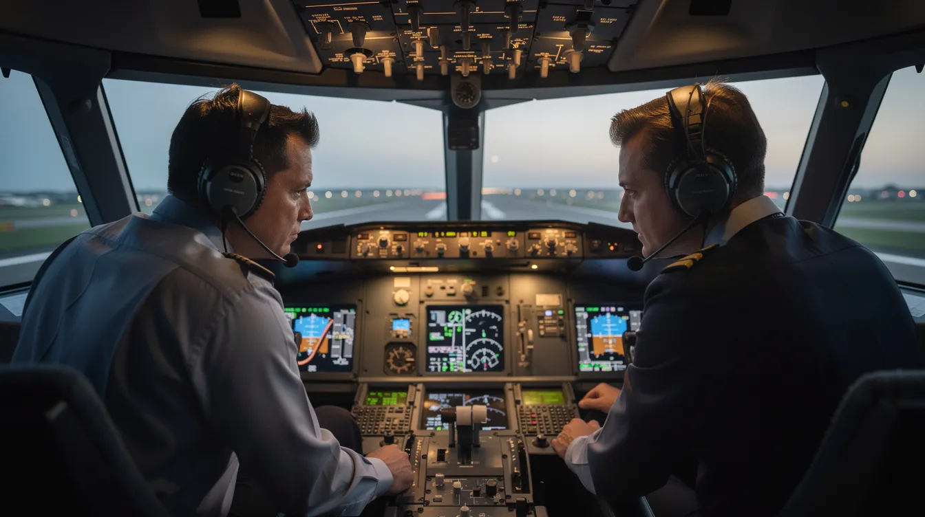 Two pilots are seated in the cockpit of a private jet, intently reviewing flight instruments and checklists before takeoff. The scene captures the meticulous preparation necessary for flying, emphasizing the importance of safety and operational efficiency in aircraft management.