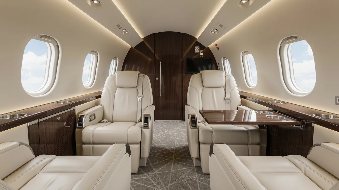 The image features a luxurious modern private jet cabin interior, showcasing plush leather seats and elegant wood finishes, designed for comfort and style during flights. This sophisticated environment reflects the high standards of aircraft ownership, making it an ideal space for business travel or relaxation while flying.
