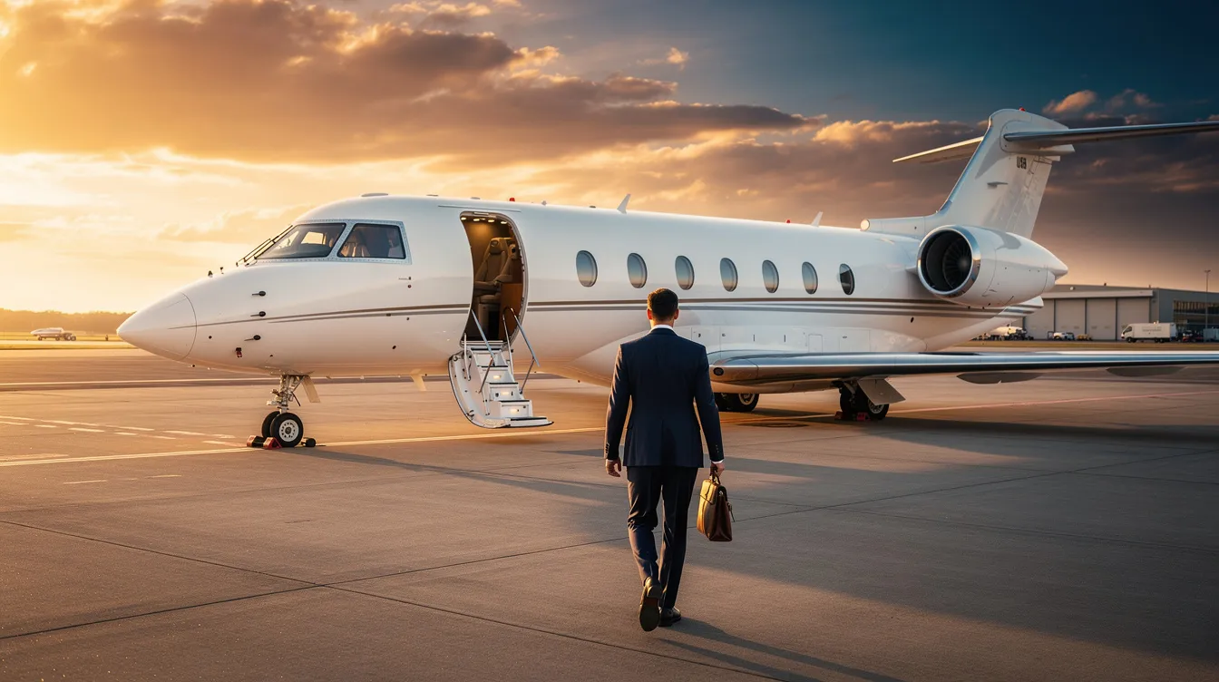 A private jet is parked on the tarmac at sunset, casting a warm glow on the scene, while an executive walks confidently towards the stairs, ready to board. The image captures the essence of luxury aviation and the allure of owning a jet, highlighting the appeal of executive travel.