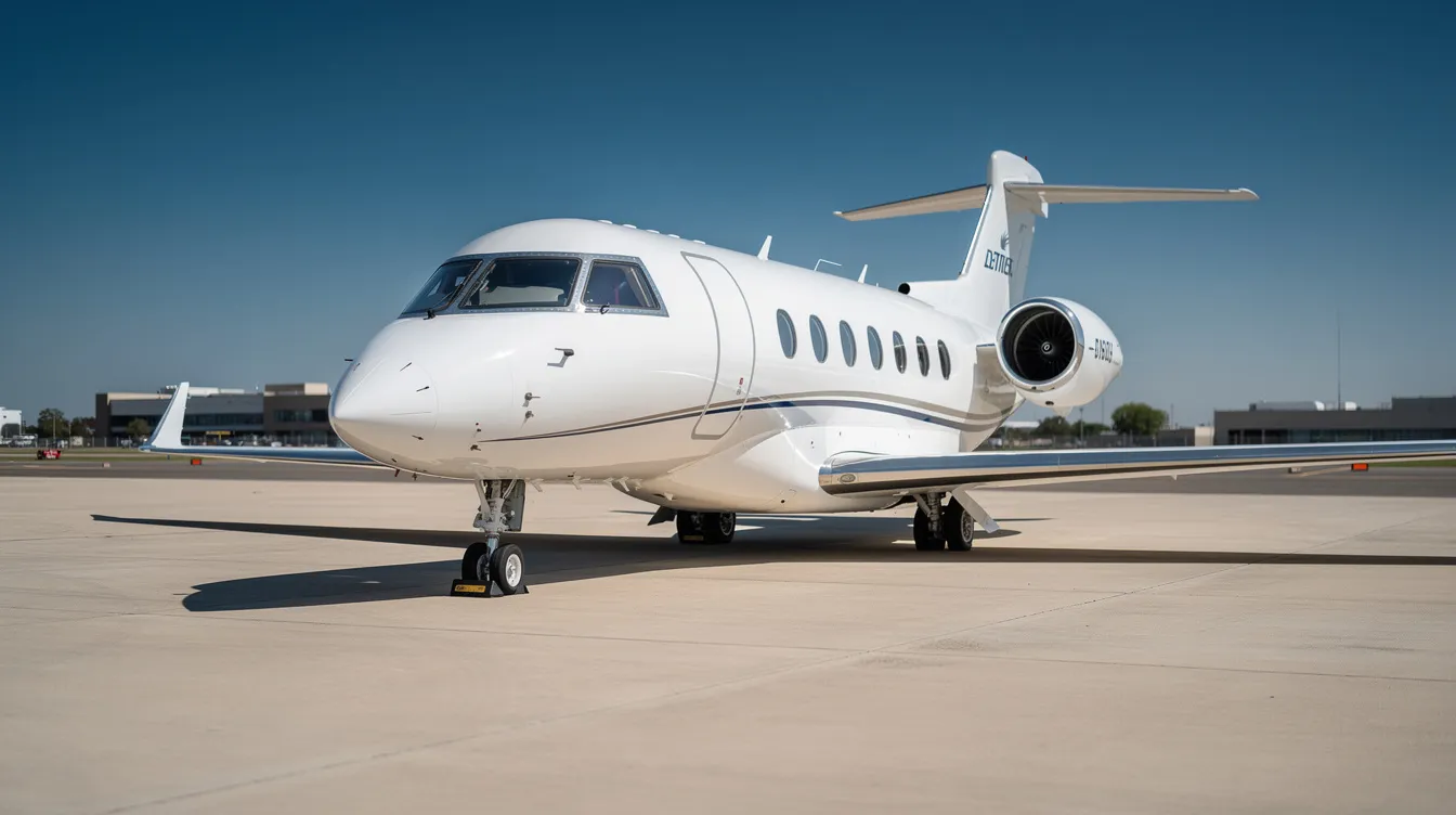 A sleek white private jet is parked on a sunlit tarmac, with a clear blue sky in the background, showcasing the luxury of private aviation. This image highlights the appeal of private jet travel for business travelers and private jet travelers seeking flexible scheduling and personalized service.