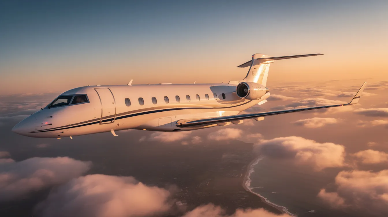 The image showcases a luxurious private jet parked at a sleek private terminal, highlighting the exclusive world of private aviation. This scene emphasizes the comfort and convenience of private jet travel, appealing to business travelers and aviation enthusiasts alike.