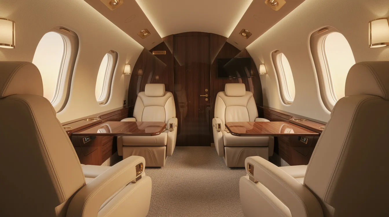 The image depicts the luxurious interior of a private jet cabin, featuring cream leather seats, elegant wood paneling, and soft ambient lighting, creating an inviting atmosphere for private jet travelers. This sophisticated space highlights the premium experience offered by private jet charter services, ideal for business travelers and leisure travel alike.