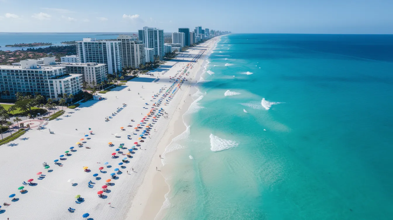 An aerial view of the Miami coastline showcases the stunning turquoise waters and pristine white sand beaches, perfect for private jet travelers seeking leisure and relaxation. This picturesque scene highlights the beauty of the area, making it an ideal destination for private jet charter services and aviation enthusiasts.