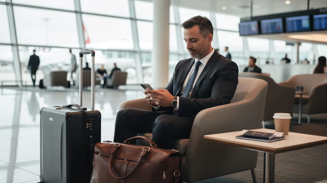 A business executive in professional attire is seated in an airport lounge, focused on their smartphone, likely checking flight details for their upcoming private jet travel. The lounge atmosphere suggests a comfortable space designed for business travelers, highlighting the convenience of private jet charter services.