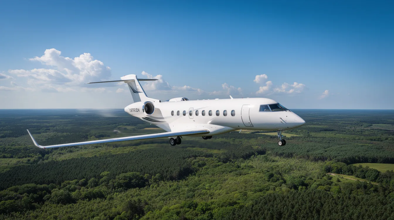 A private jet soars through a clear blue sky, with lush green forests visible below, showcasing the elegance of private aviation and the convenience of private jet travel. This image captures the essence of luxury charter flights, ideal for business travelers and leisure trips alike.