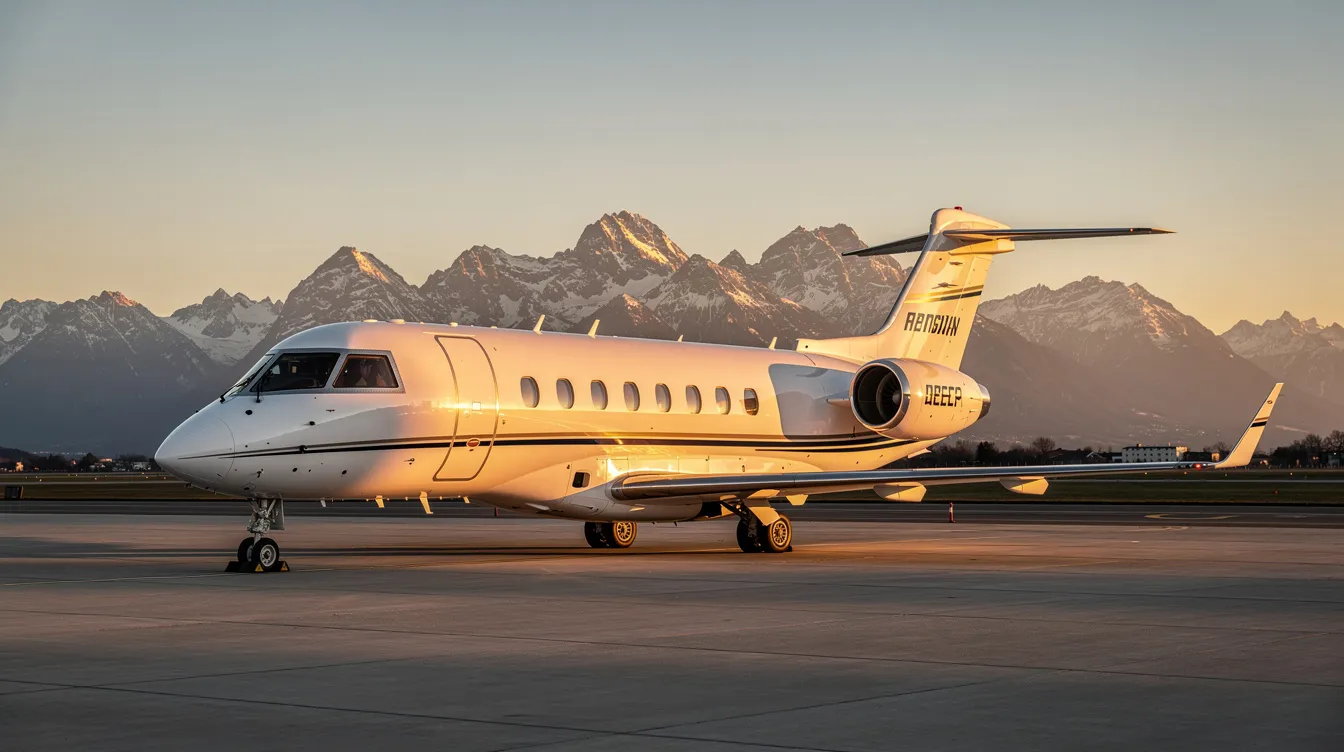A sleek white private jet is parked on a tarmac during golden hour, with majestic mountains in the background, highlighting the elegance of private jet travel. This scene captures the allure of private aviation, perfect for business travelers and leisure trips alike.