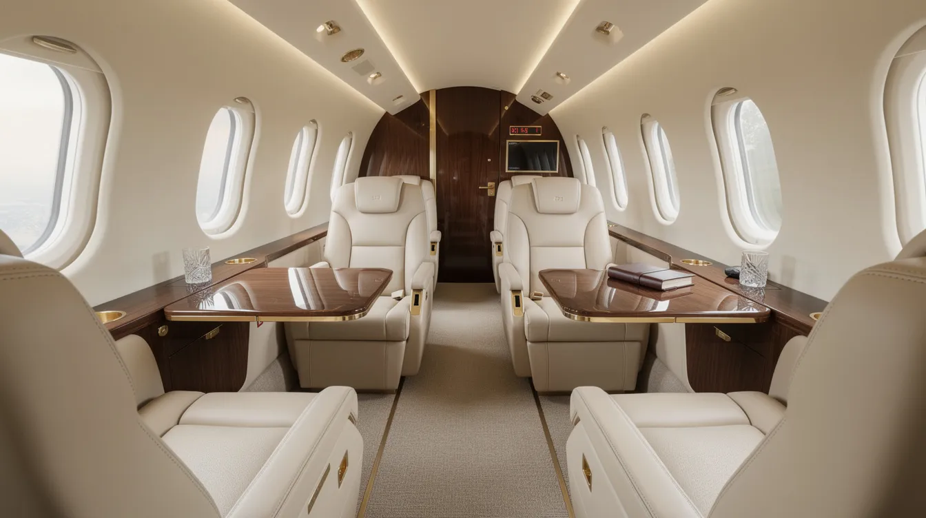 The image depicts the interior of a luxurious private jet cabin, featuring cream leather seats and elegant wood grain accents, ideal for private jet travelers seeking comfort and style. This sophisticated space highlights the benefits of private jet charter services, providing a personalized travel experience for business and leisure trips alike.