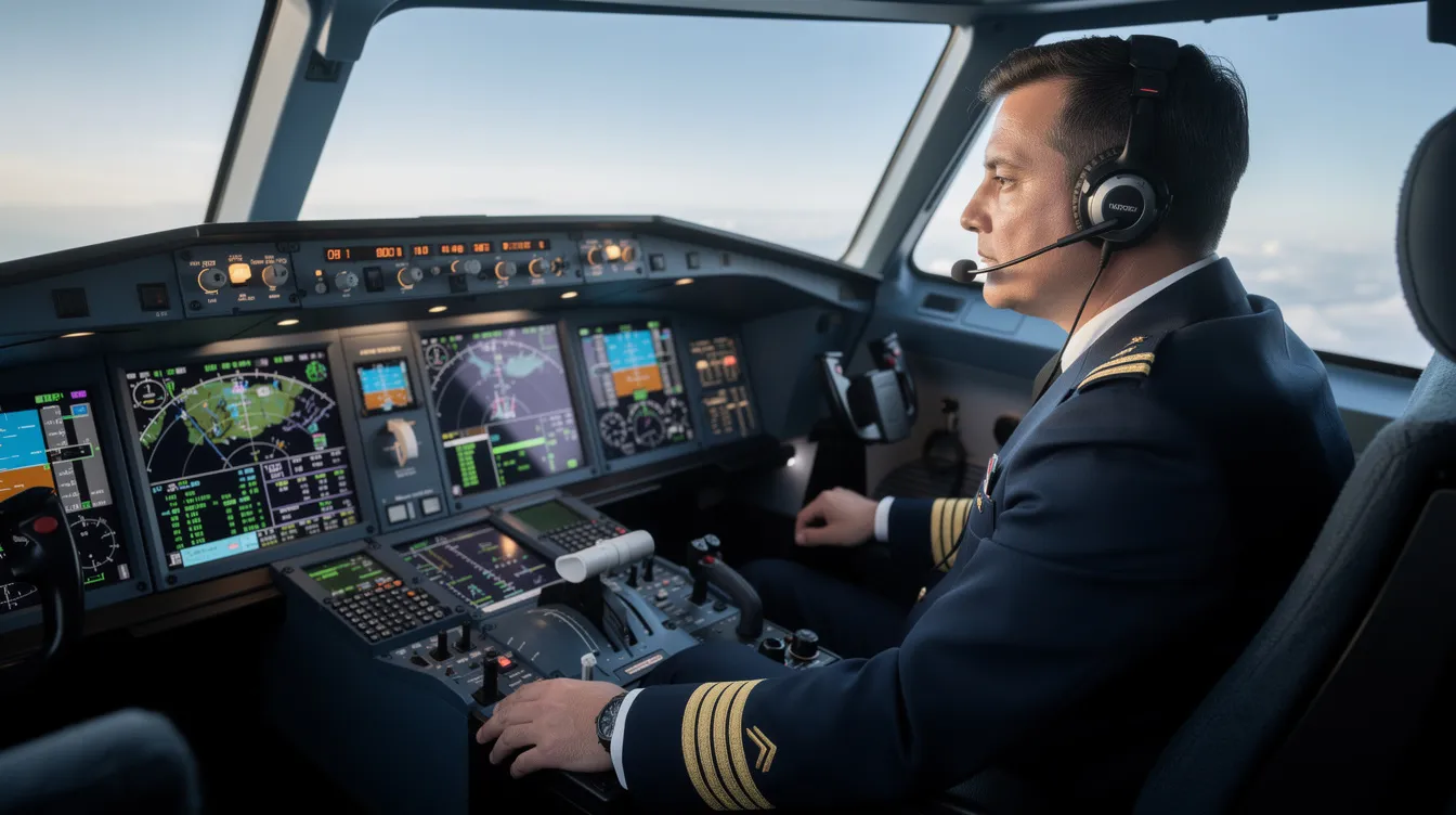 A professional pilot is seated in a flight deck cockpit, surrounded by modern avionics displays that enhance the operation of private jets. The cockpit is equipped with advanced technology, showcasing the capabilities required for flying light jets and ensuring efficient private travel.