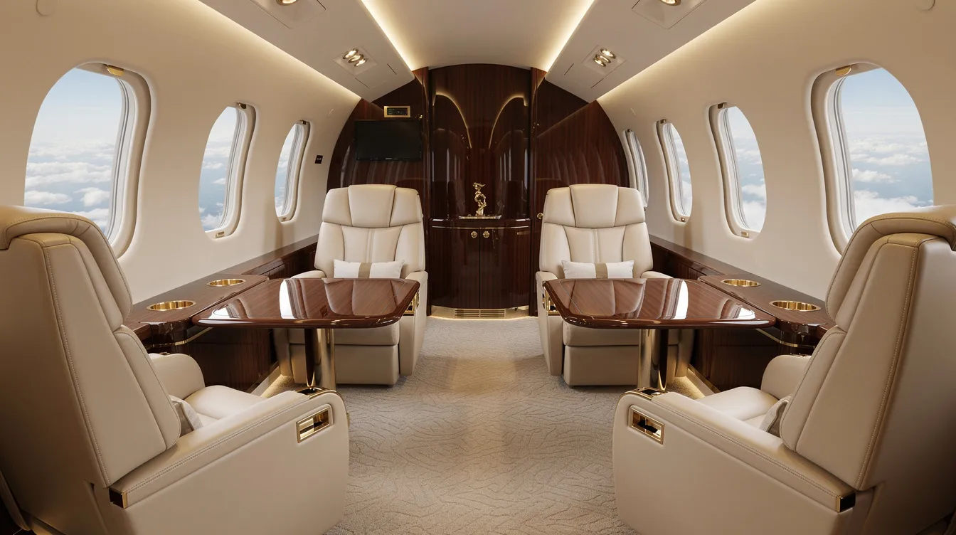 The image showcases a luxurious large-cabin private jet interior, featuring cream leather seats and elegant polished wood accents, designed for maximum comfort during private travel. This premium space reflects the sophistication and style expected in high-end private jets for sale.