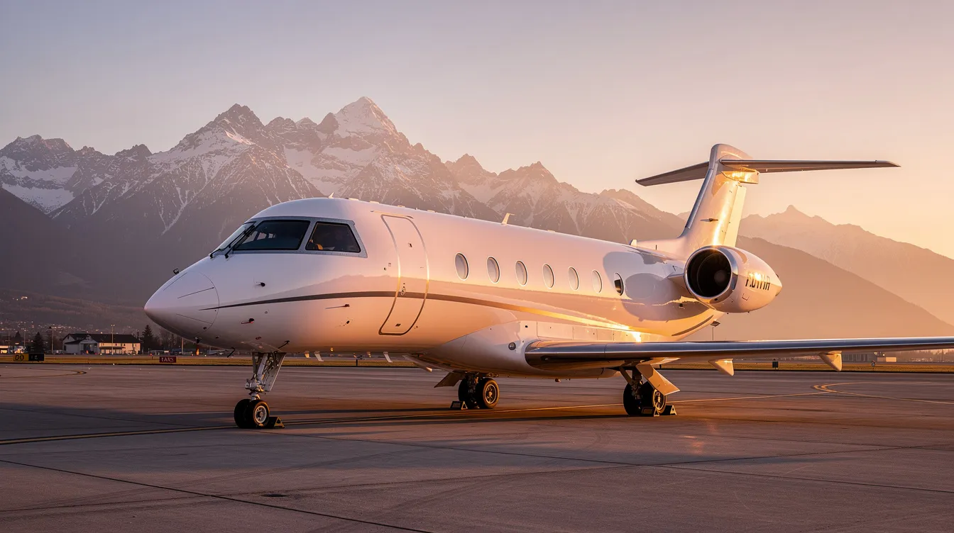 A sleek private jet is parked on the tarmac during golden hour, with majestic mountains in the background, showcasing the luxury of private travel. This aircraft represents the premium option for those considering private jets for sale, offering comfort and access to smaller airports.
