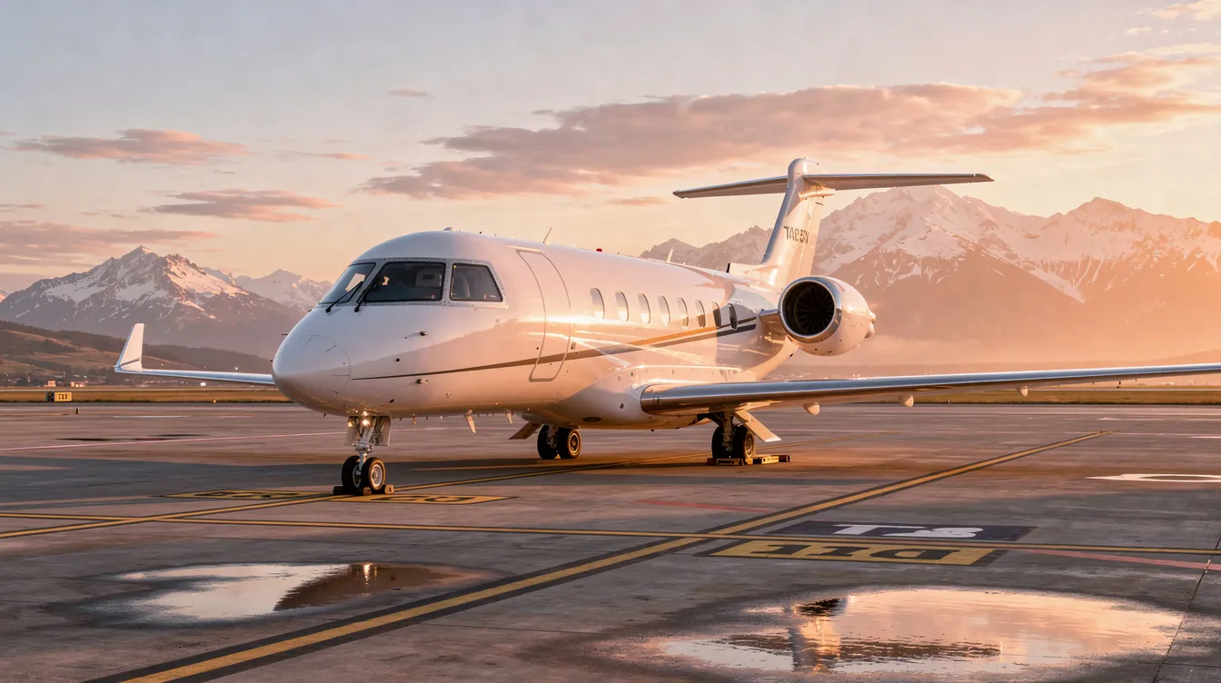 A modern private jet is parked on a tarmac at sunrise, with stunning mountains in the background, highlighting the luxury of private aviation. This scene captures the essence of private jet travel, showcasing the elegance and convenience of chartering a private jet for business or leisure.