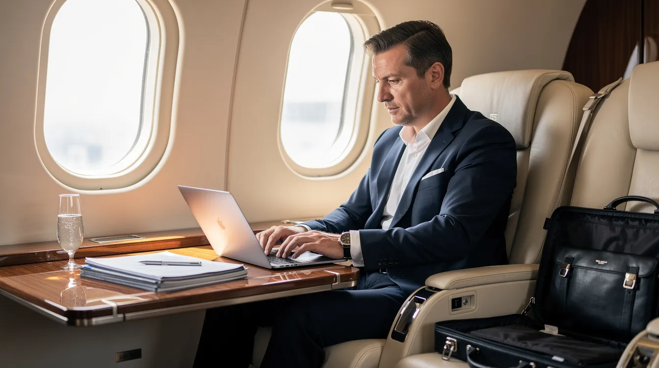 A business executive is focused on their laptop inside a luxurious private jet cabin, surrounded by plush seating and elegant decor, exemplifying the comfort of private aviation. This scene highlights the convenience of private jet travel for business and leisure, emphasizing the benefits of chartering a private jet for efficient work on the go.
