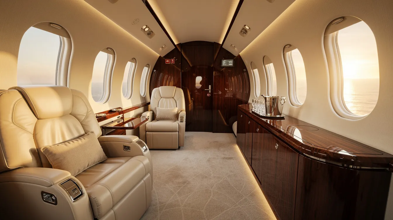 The image depicts a luxurious private jet interior featuring plush leather seats and elegant wood trim, emphasizing the opulence of private aviation. This inviting space is designed for comfort, making it ideal for both business and leisure travel.