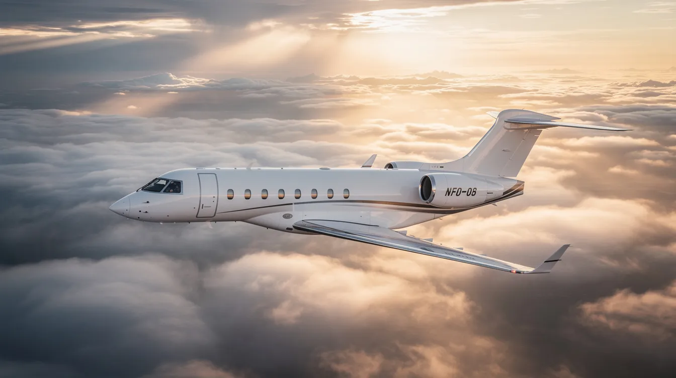 The image depicts a sleek private jet parked at a private terminal, showcasing its luxurious design and spacious cabin. This private jet charter service offers personalized amenities, making it an ideal choice for both leisure and corporate travel.