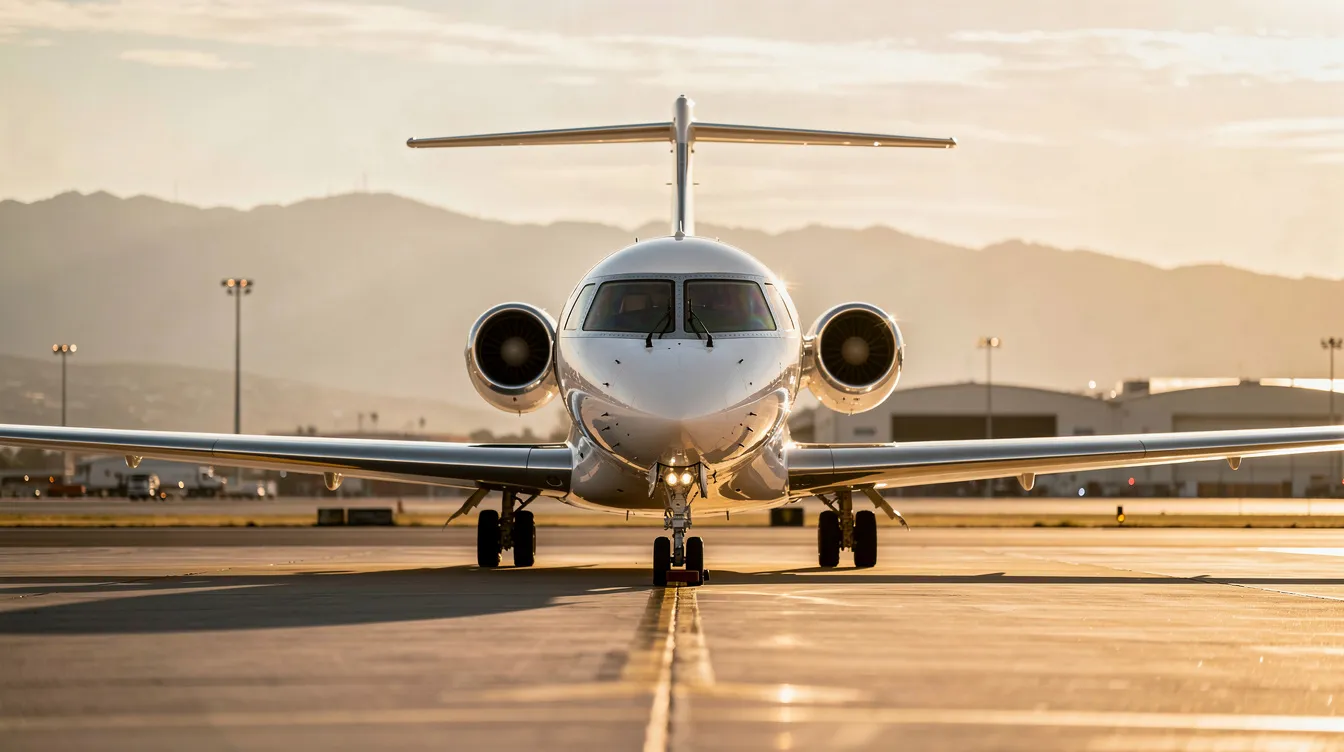 The image depicts a sleek private jet parked at a private terminal, showcasing its luxurious design and spacious cabin. This private jet charter service offers personalized amenities, making it an ideal choice for both leisure and corporate travel.