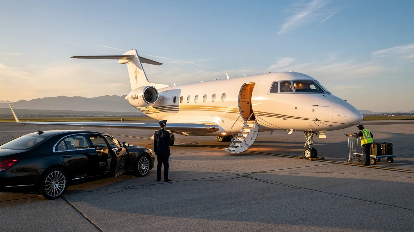 The image depicts a sleek private jet parked at a private terminal, showcasing the luxury and convenience of private aviation. This setting emphasizes the benefits of private jet travel, including personalized service and direct access to smaller airports, ideal for chartering a private jet for both leisure and business trips.