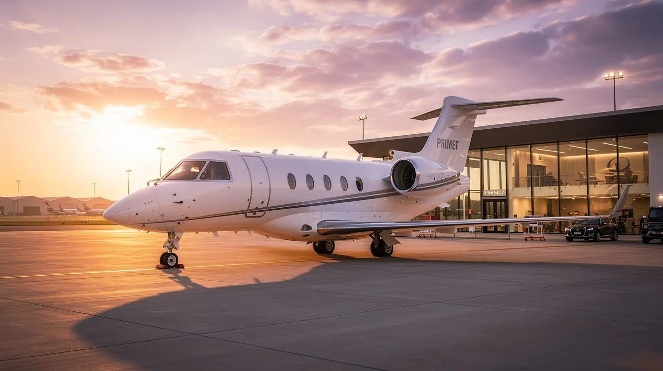 A modern light jet aircraft is parked at a private terminal, bathed in the warm hues of sunset, showcasing the luxury and convenience of private jet flights. The scene captures the essence of private travel, with the sleek design of the aircraft highlighting its role as a popular choice for charter flights to various destinations.