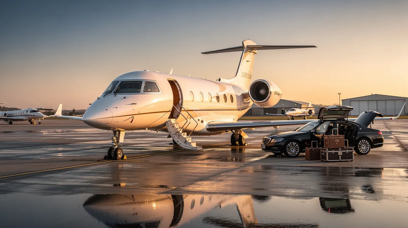 The image depicts a luxurious private jet parked at a private terminal, showcasing the elegance and convenience of private aviation. It highlights the benefits of private jet flights, including direct access to popular destinations and the comfort of flying in style.
