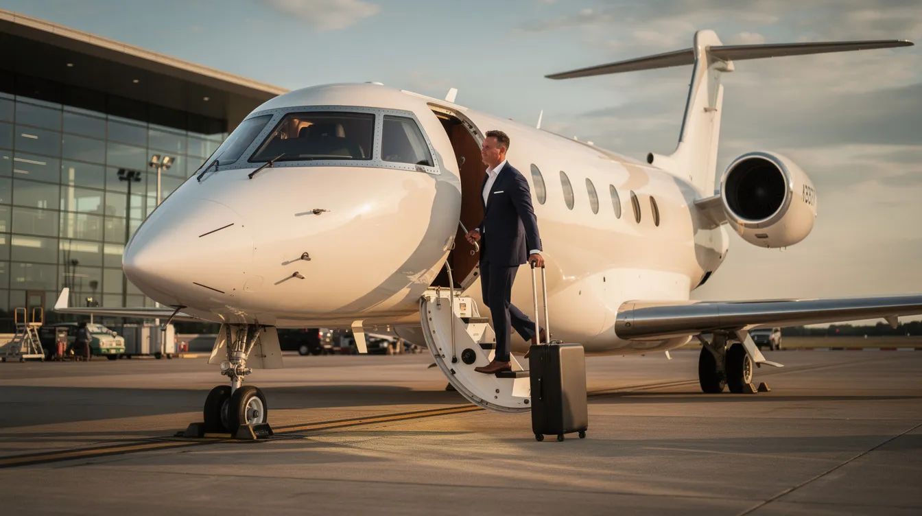 A business executive is boarding a luxurious private jet at a modern airport facility, ready for a private flight to a popular destination. The scene highlights the convenience and style of private jet flights, showcasing the executive's journey as they prepare for their trip.