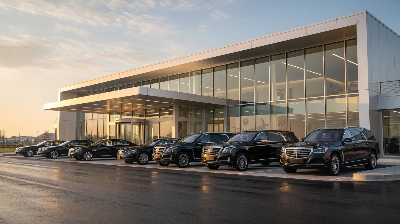 The image depicts a modern private aviation terminal featuring sleek architecture, with luxury executive vehicles parked outside, emphasizing the exclusive and comfortable experience of private jet travel. This setting highlights the convenience of private flights compared to commercial airlines, appealing to business travelers and frequent flyers.