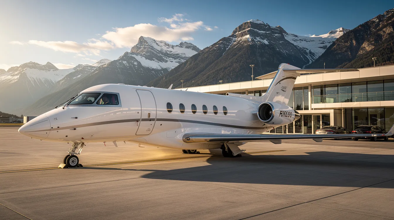 A sleek modern private jet is parked on the tarmac at a private aviation terminal, with majestic mountains in the background. This scene highlights the exclusive and comfortable experience of private jet travel, offering a serene alternative to commercial flights.