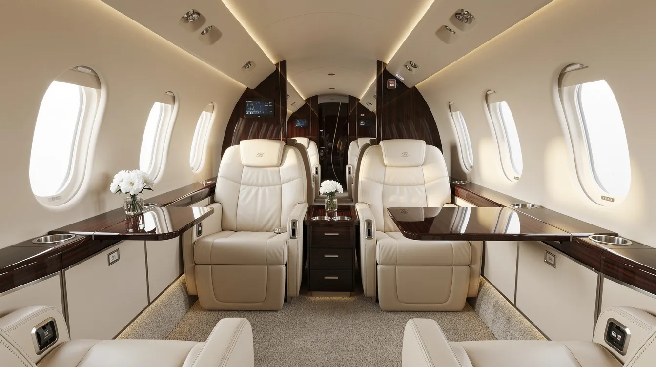 The image showcases the luxurious interior of a private light jet cabin, featuring plush cream leather seats and elegant polished wood accents, offering an exclusive and comfortable experience for business travelers. This opulent setting highlights the benefits of private jet travel, providing a serene environment compared to commercial flights.