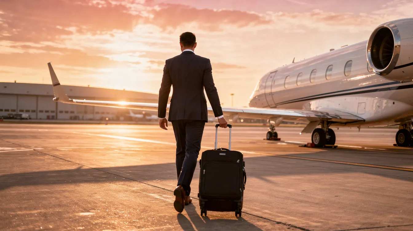 A business professional dressed in formal attire walks confidently toward a private jet parked on a sunny tarmac, illuminated by the warm hues of sunset. The scene captures the essence of private aviation, highlighting the exclusive and comfortable experience of flying private.