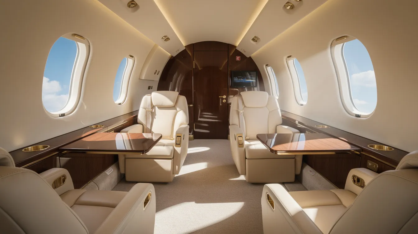 The image depicts the luxurious interior of a private jet cabin, featuring plush leather seats and elegant wood finishes, with natural light flooding in through large windows. This spacious environment is designed for comfort and productivity, ideal for business aviation and long-range travel.