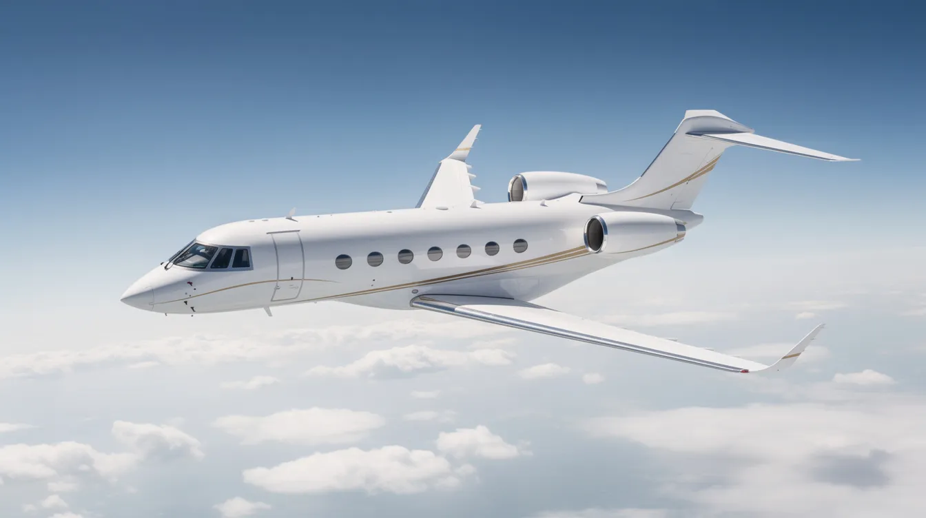 The image features a sleek private jet, showcasing its luxurious design and spacious cabin, ideal for business aviation. This ultra long range jet is designed for maximum distance travel, providing comfort and efficiency for passengers on private flights to major airports worldwide.