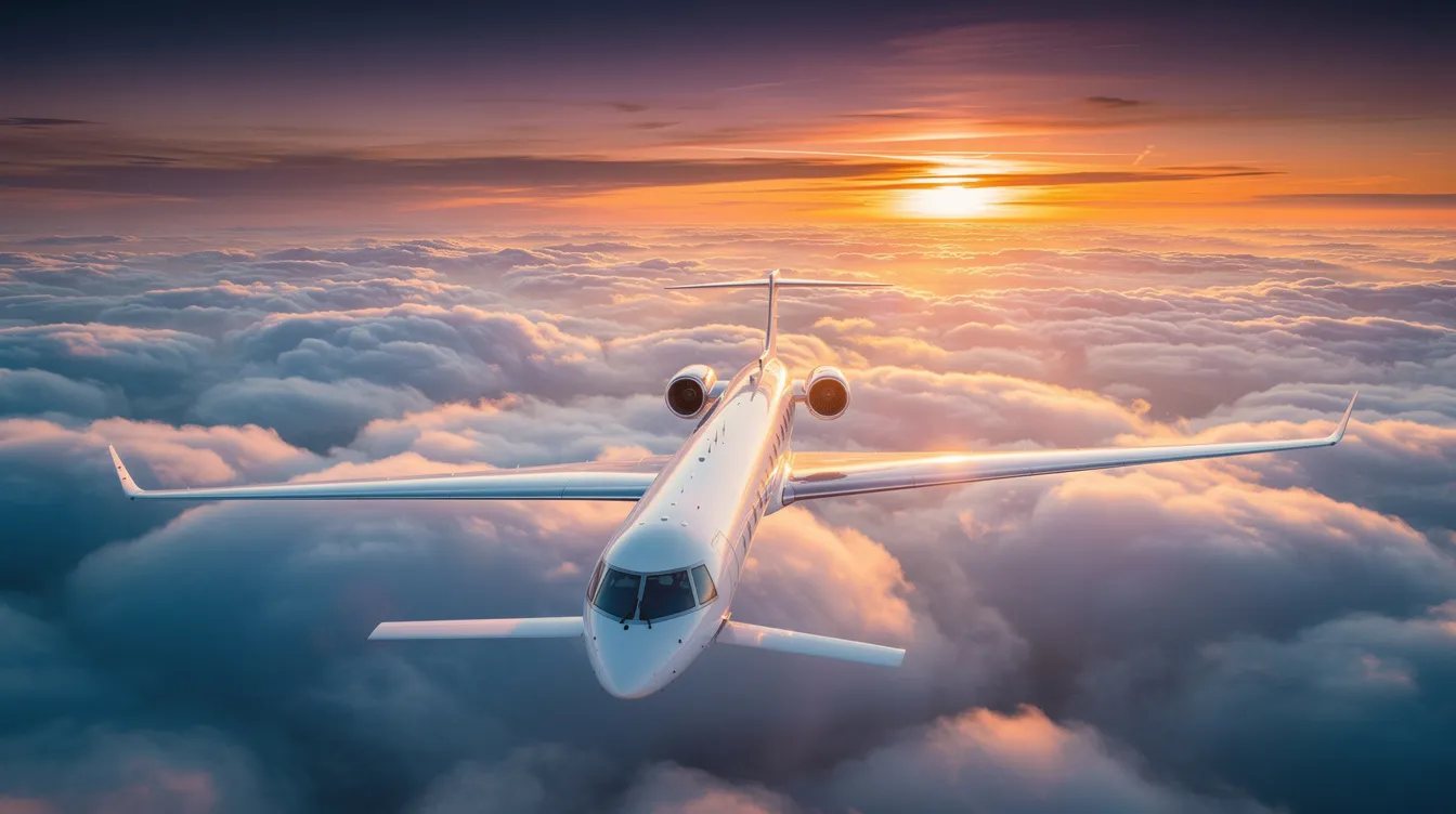 A sleek white private jet soars above fluffy clouds, illuminated by the warm hues of a sunset in the background, symbolizing luxury and efficiency in business aviation. This ultra long range jet represents the pinnacle of private flights, designed for maximum distance and comfort.