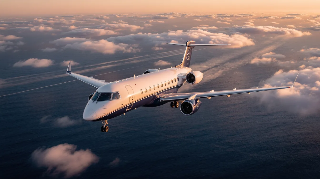 The image depicts a sleek transatlantic private jet parked at a dedicated terminal, ready for luxury private jet travel across the Atlantic Ocean. The aircraft features a sophisticated design, showcasing its long-range capabilities and spacious cabin, ideal for business executives embarking on a smooth and enjoyable journey.