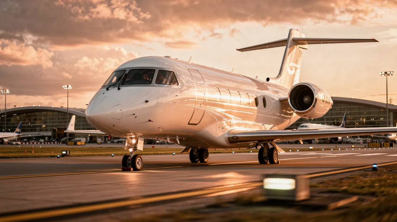 The image features a sleek transatlantic private jet, showcasing its modern design and luxurious features, ideal for private aviation enthusiasts. This aircraft represents the epitome of comfort and efficiency for long-range private jet travel across the Atlantic.