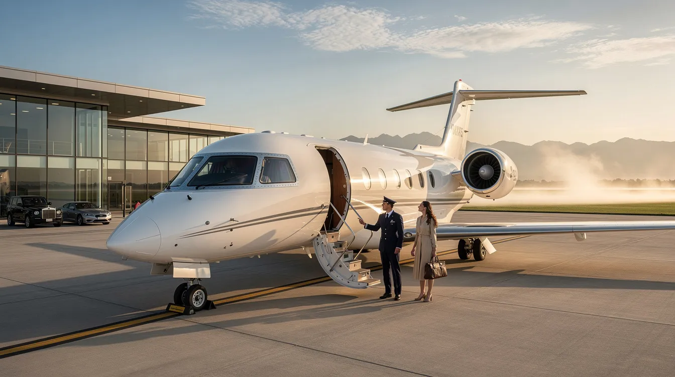 The image showcases a luxurious private jet, featuring a spacious cabin with modern amenities, including a fully equipped galley and a conference room for business meetings. This private aircraft exemplifies the cutting-edge technology and comfort found in the private aviation market, making it ideal for long-range flights and leisure trips alike.