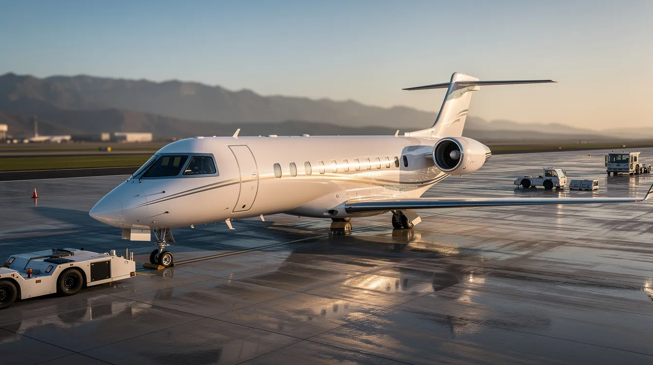 The image showcases a sleek and luxurious private jet, highlighting its spacious cabin designed for comfort and relaxation. This modern aircraft is equipped with advanced entertainment systems and personalized service, making it ideal for both business travel and leisure trips.