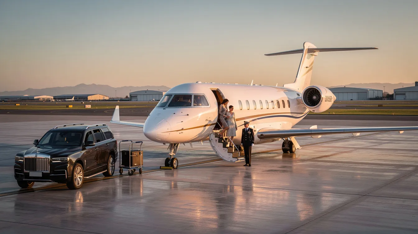 The image showcases a luxurious private jet, featuring a spacious cabin with modern amenities, including a fully equipped galley and a conference room for business meetings. This private aircraft exemplifies the cutting-edge technology and comfort found in the private aviation market, making it ideal for long-range flights and leisure trips alike.