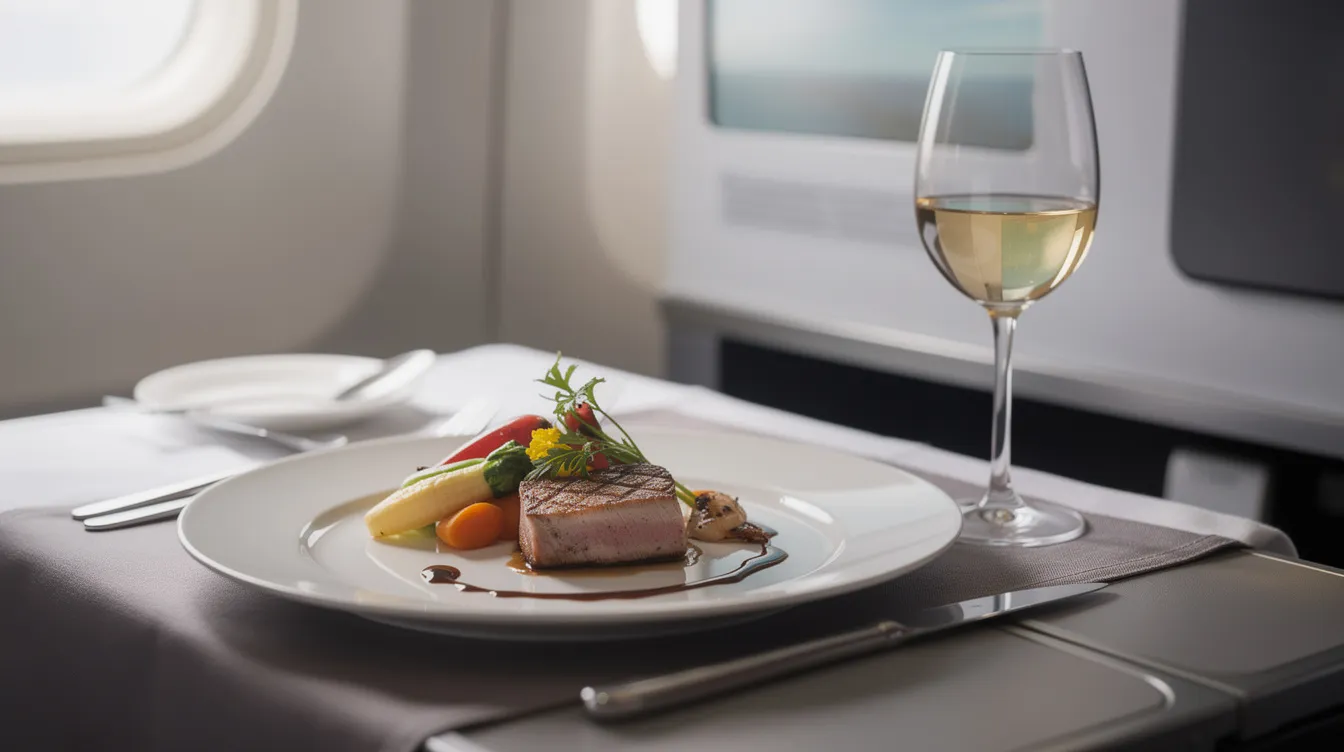 An elegantly plated meal is showcased on an aircraft tray table, accompanied by a wine glass, highlighting the luxurious JetBlue Mint experience. This presentation emphasizes the thoughtful design and premium service offered in JetBlue's business class, perfect for travelers seeking comfort and style during their flight.