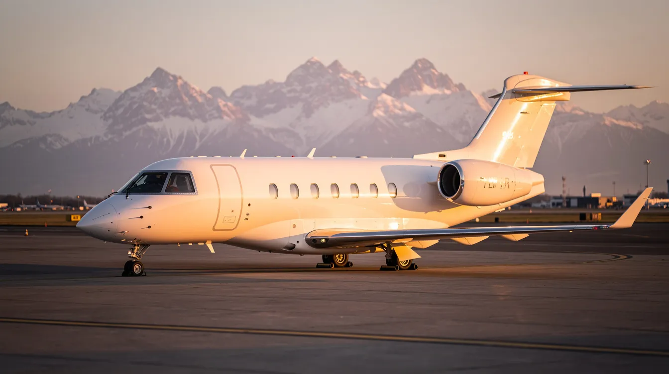 A private jet aircraft is parked on the tarmac during the golden hour, with majestic mountains in the background. The scene captures the luxurious essence of private travel, reminiscent of the JetBlue Mint experience, known for its lie flat seats and personalized service.