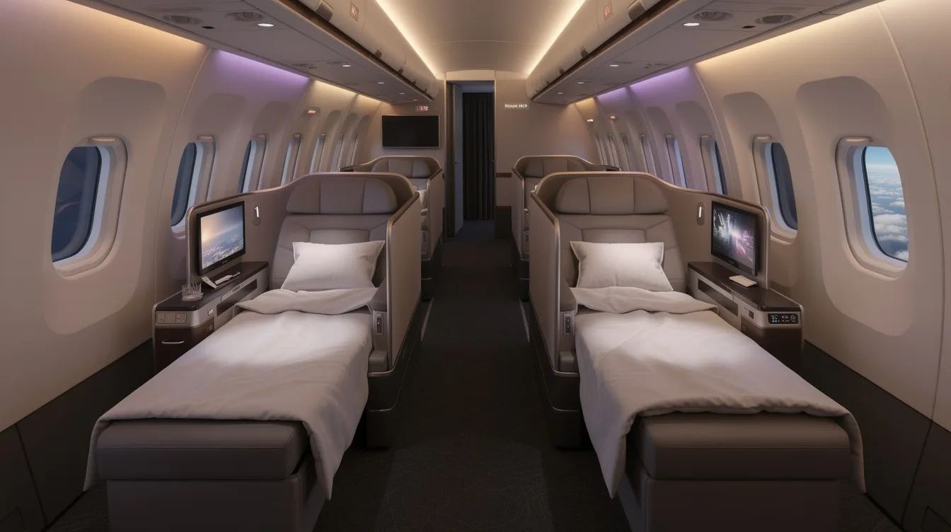 The image depicts the interior of a premium aircraft cabin featuring lie-flat seats with ambient lighting, designed for a luxurious travel experience. The cabin likely showcases JetBlue's Mint service, emphasizing privacy and personal space with individual suites and direct aisle access.