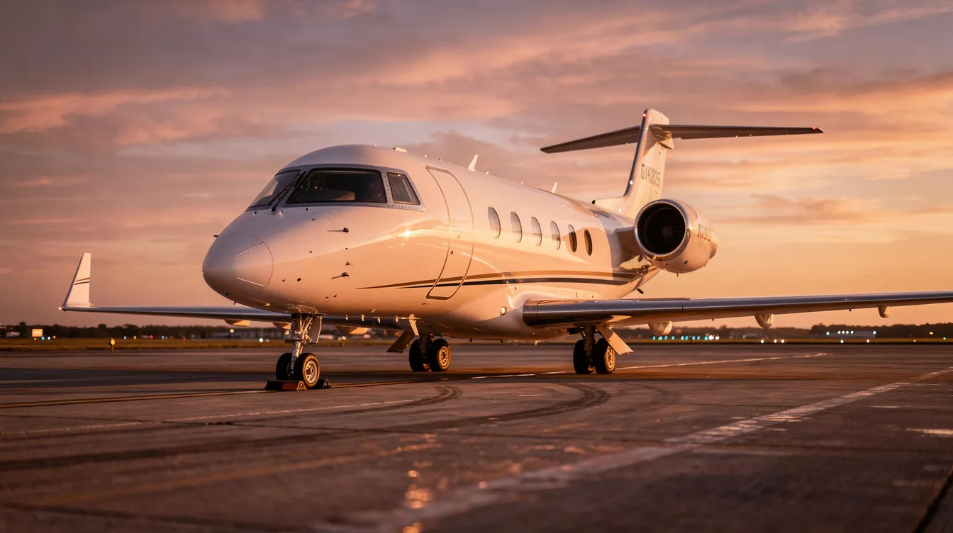 The image shows a sleek private jet parked on an airport tarmac, bathed in the warm hues of a sunset. This scene captures the essence of aviation and the allure of private flight, ideal for aspiring pilots considering their journey towards obtaining a private pilot license.