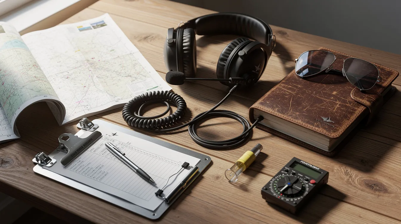 The image features an aviation headset alongside various pilot supplies, including a flight bag and instructional materials, arranged neatly on a table. These items are essential for aspiring pilots undergoing flight training, as they prepare for their private pilot license and gain valuable flight experience.