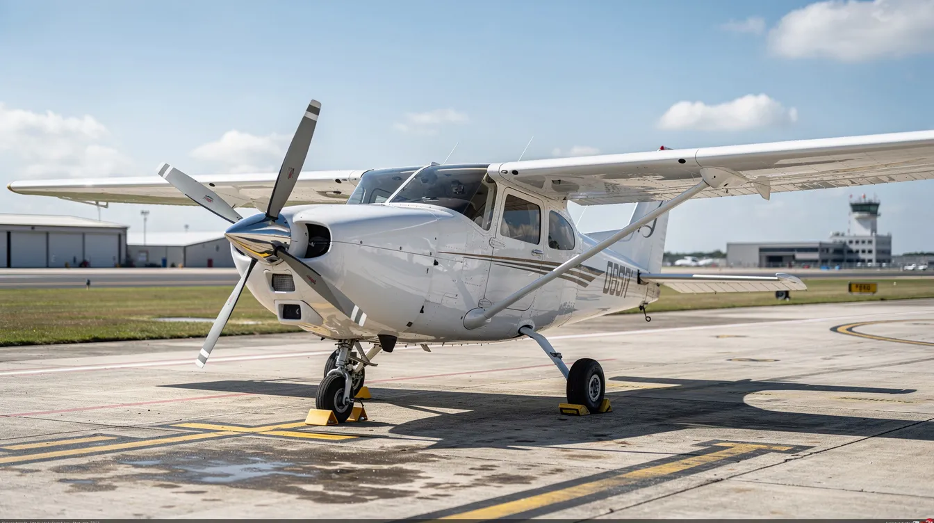 A small single-engine airplane is parked on a sunny airport ramp, showcasing its sleek design and well-maintained exterior. This scene represents the beginning of many aspiring pilots' journeys toward obtaining a private pilot license through flight training and lessons at a local flight school.